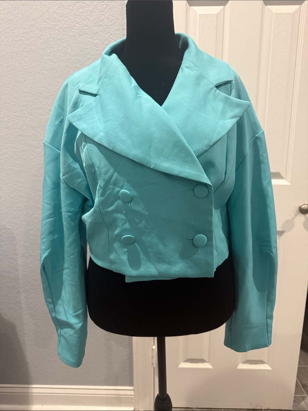 Double-Breasted Cropped Aqua Blazer